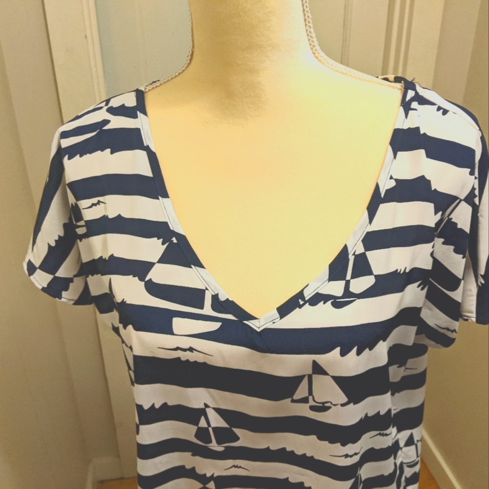 Blue and White Nautical look women's top. L